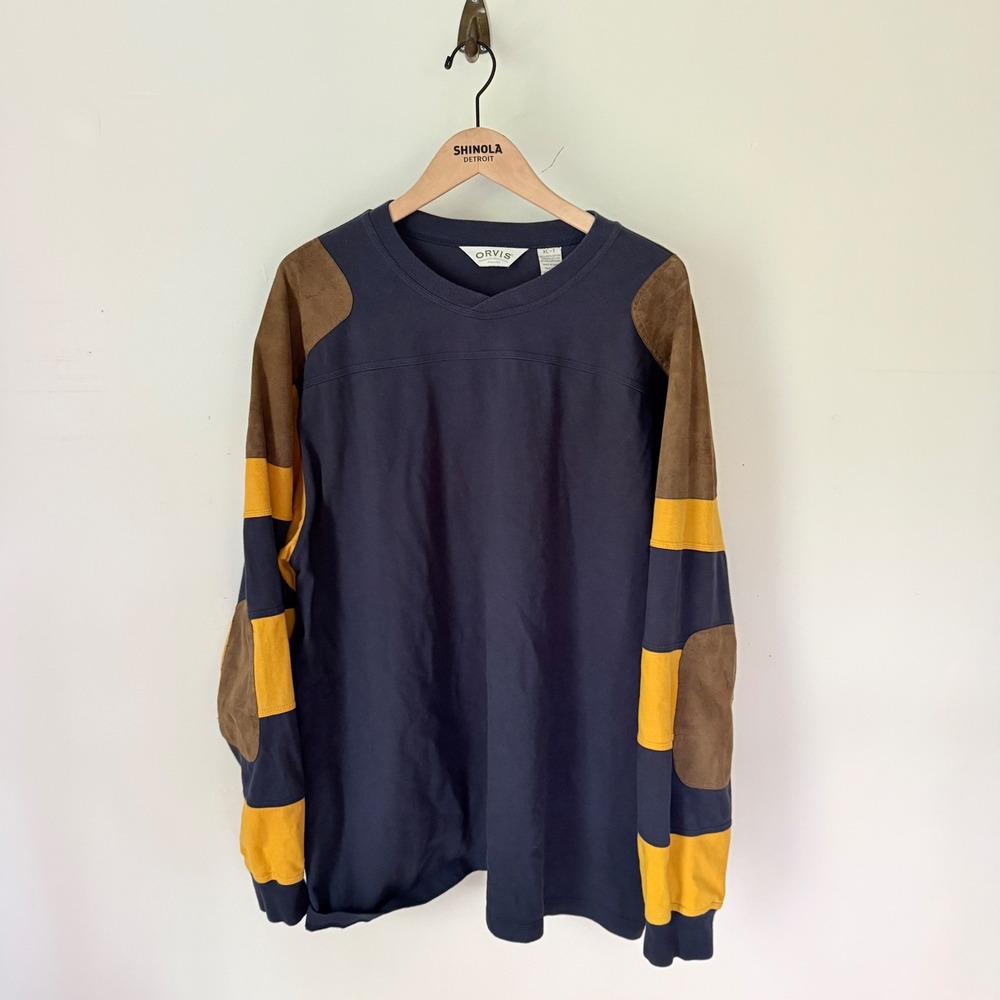 Orvis Long Sleeve Shooting Shirt XL Rugby Navy Yellow Colorblock Suede Patches